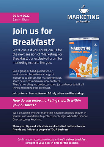 Marketing for Breakfast invite, dark blue background, marketing breakfast cereal box, pink banners with white writing