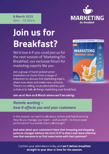 Purple background with white marketing for breakfast logo top right. Below is a marketing breakfast cereal box. Main header in white text 'join us for breakfast?' Subheading in purple text on a green background 'remote working - how it affects you and your customers'