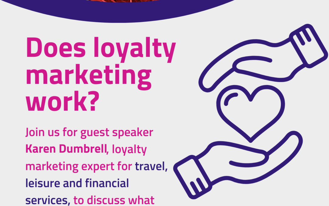 Off-white background with purple hands and heart on the right, pink bold title 'Does loyalty marketing work?', above are 3 white mugs with Marketing for Breakfast logo on a red shredded paper background
