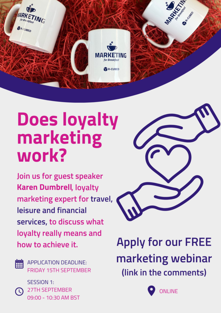 Off-white background with purple hands and heart on the right, pink bold title 'Does loyalty marketing work?', above are 3 white mugs with Marketing for Breakfast logo on a red shredded paper background