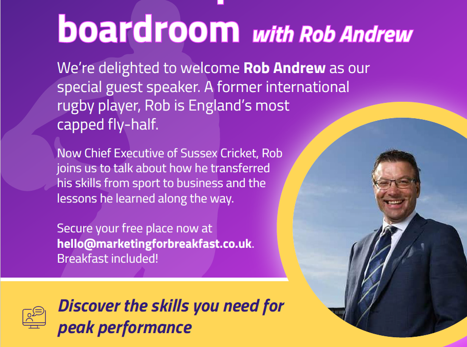 Pink and purple background with yellow banners across it, white Marketing for Breakfast logo top right, headshot in yellow circle of Rob Andrew