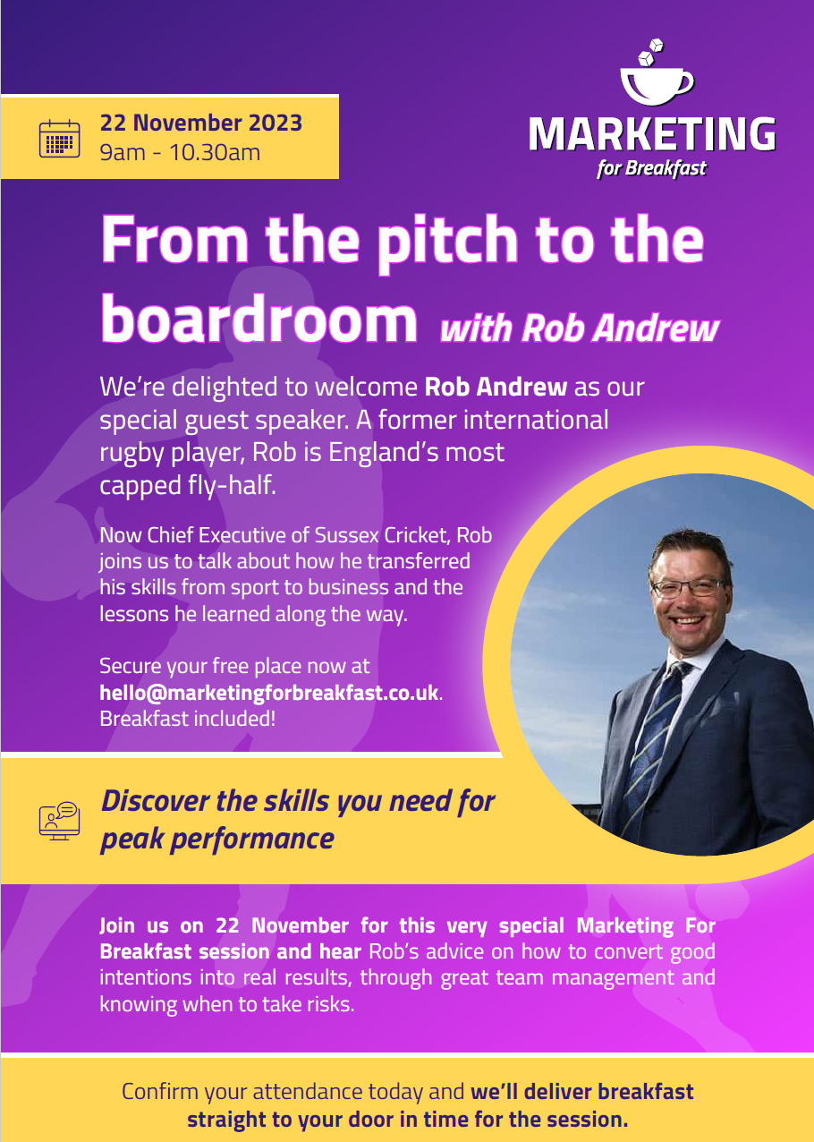 Pink and purple background with yellow banners across it, white Marketing for Breakfast logo top right, headshot in yellow circle of Rob Andrew