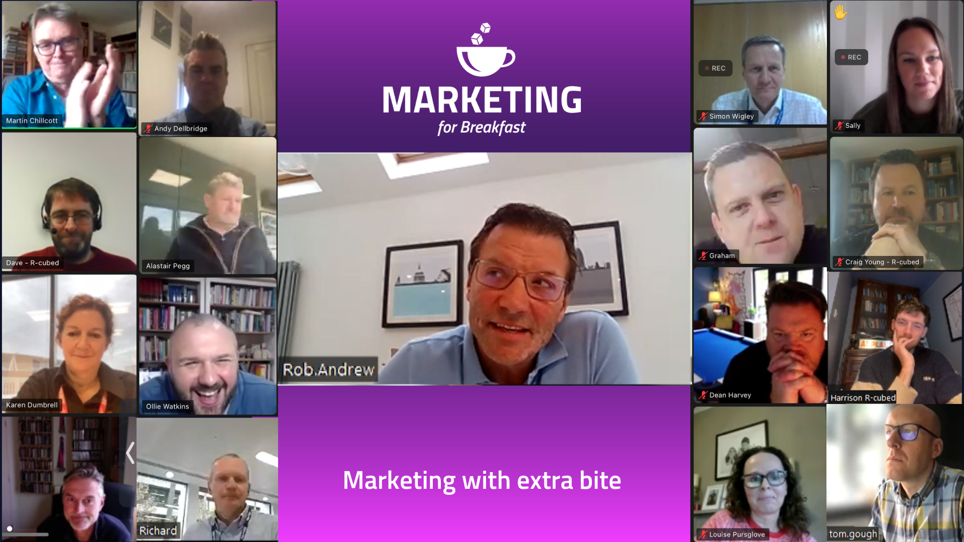 Attendees of Marketing for Breakfast in a grid from a Zoom call with Rob Andrew in the centre.