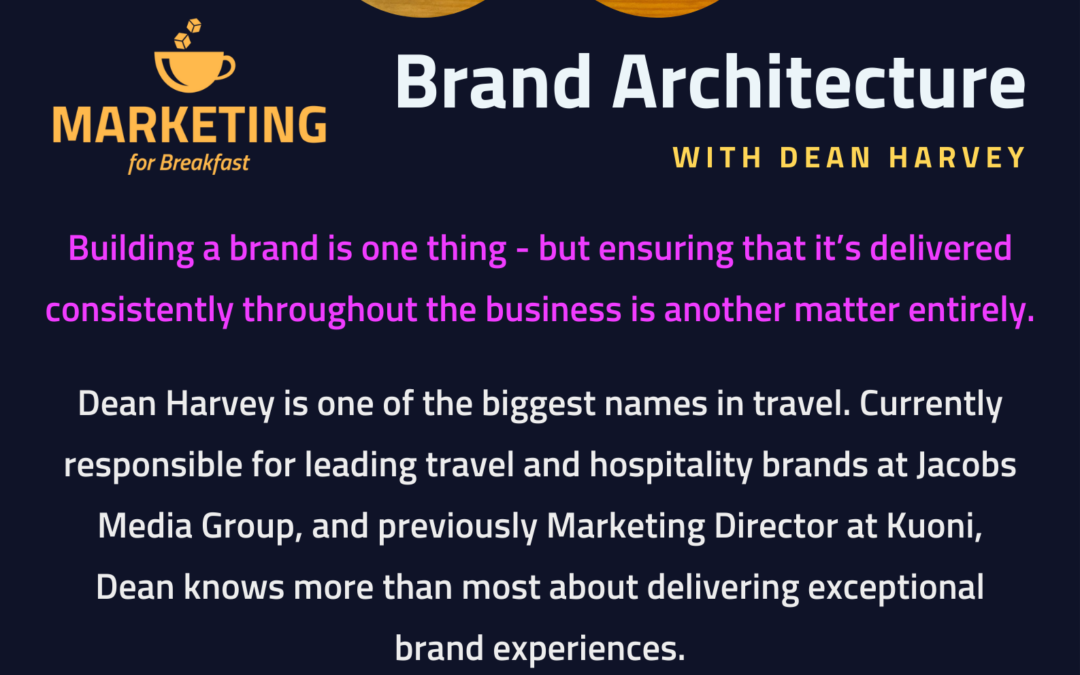 Black background with yellow, pink and white writing, yellow marketing for breakfast logo below Dean Harvey headshot