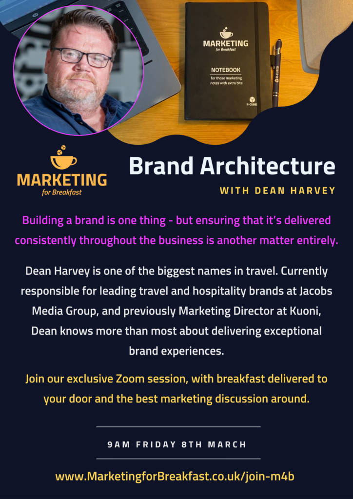 Black background with yellow, pink and white writing, yellow marketing for breakfast logo below Dean Harvey headshot