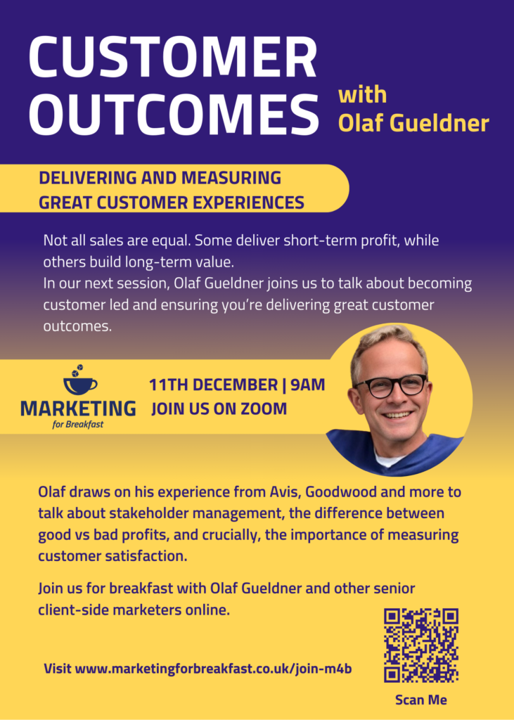 Purple and yellow gradient background with headshot of Olaf Gueldner centre-right. Main title reads Customer Outcomes with Olaf Gueldner.