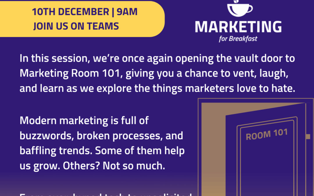 Room 101 Marketing for Breakfast flyer, Marketing for Breakfast logo in white, R-cubed logo in blue. Purple door, Room 101, opening to yellow